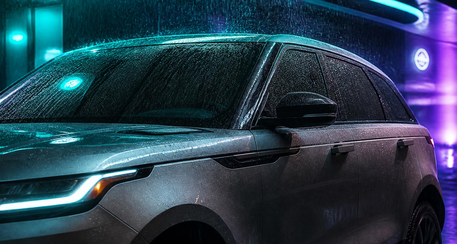 Car in rain with glass coating protection